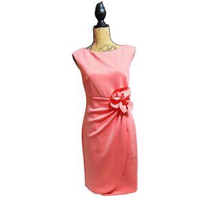 JH Evenings Coral Sheath Dress Size 8 NWT Satin Flower Waist Knee Length Formal